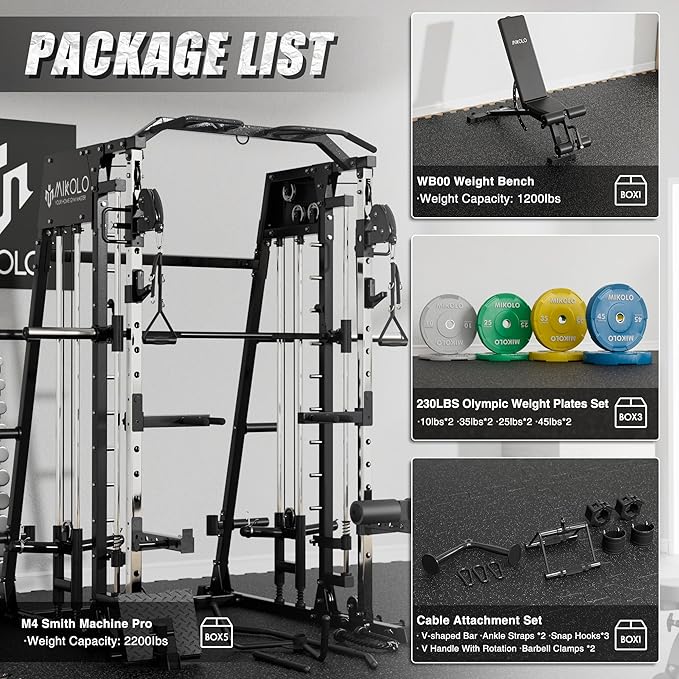 Mikolo Smith Machine, 2200lbs Squat Rack with LAT-Pull Down System & Cable Crossover Machine, Training Equipment with Leg Hold-Down Attachment-FlexoryFit