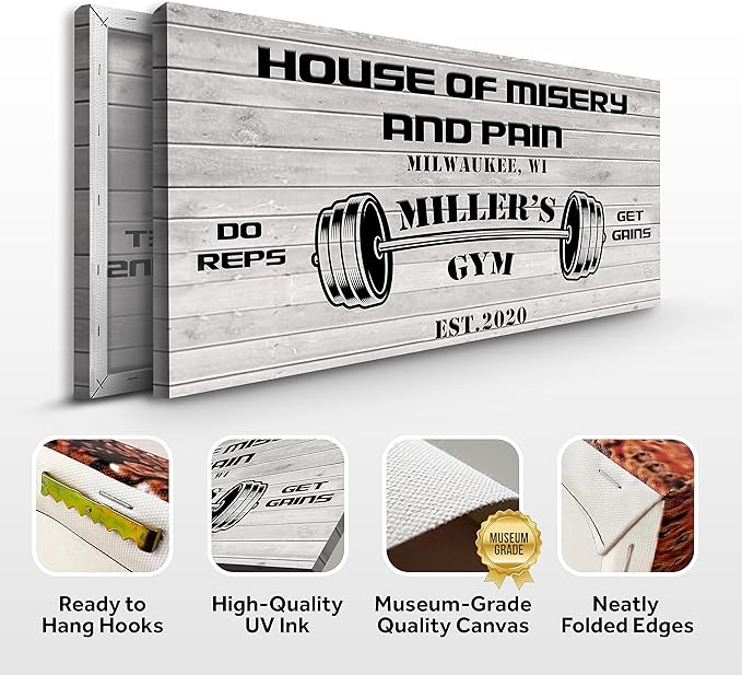 Tailored Canvases Personalized Gym Sign Wall Art Decor - Motivational Canvas for Home Gym, Workout Room, Garage, Fitness Center - Workout Inspirational Posters - House of Misery and Pain, White Wood 20x10in