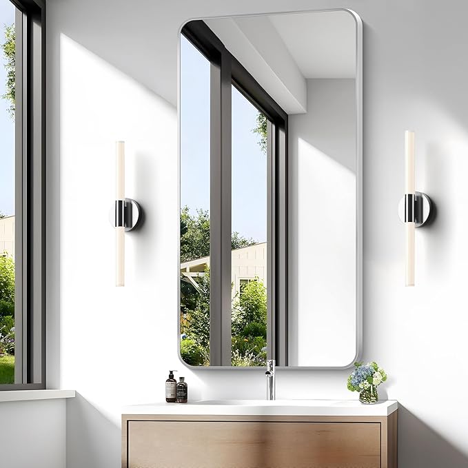 Silver Bathroom Mirror,24x48 inch Wall Mirror for Bathroom Wall Mounted,Rectangle Mirror for Bathroom Over Sink,Modern Frame Round Corner for Living Room,Bedroom Entryway,Horizontal/Vertical-FlexoryFit