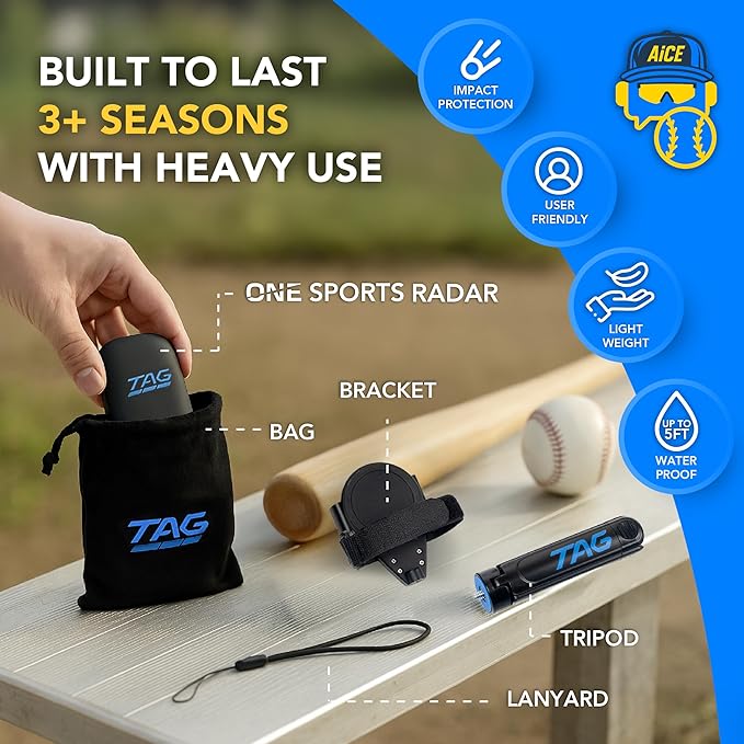 TAG One Sports Radar (120 Ft Range) – AI-Powered Radar Speed Gun with Real-Time Coaching Feedback – Bluetooth Speed Training Device for Baseball, Softball & Golf with App Integration
