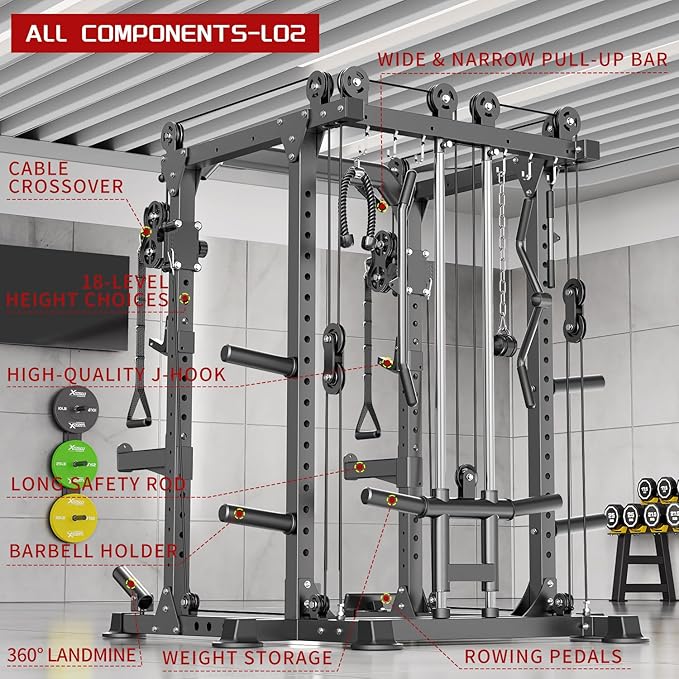 Power Cage,1600lbs Multi-Function Power Rack with Adjustable Cable Crossover System and More Training Attachment, Weight Cage for Home Gym-FlexoryFit