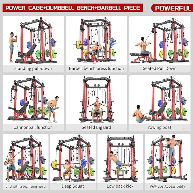 Power Cage,1600lbs Multi-Function Power Rack with Adjustable Cable Crossover System and More Training Attachment, Weight Cage for Home Gym-FlexoryFit