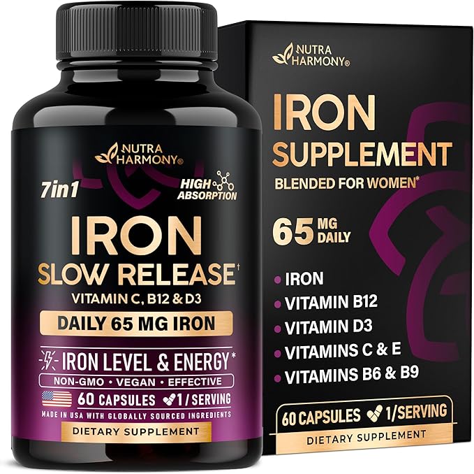 Iron Supplement for Women - Iron 65mg (Ferrous Sulfate 325mg) - Stomach Friendly | Slow Release Iron | High Absorption - Vitamins C, D3, B6, B12 & Folate - Iron Level & Energy Support - 60 Capsules-FlexoryFit