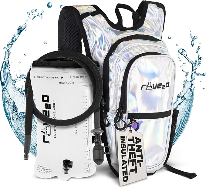 Rave Hydration Backpack โ Anti-Theft Festival Hydration Pack with 1.5L Leakproof TPU Bladder โ Slim, Insulated Water Pack with Secret Pockets & Breathable Back โ for Raves, Music Festivals, EDC