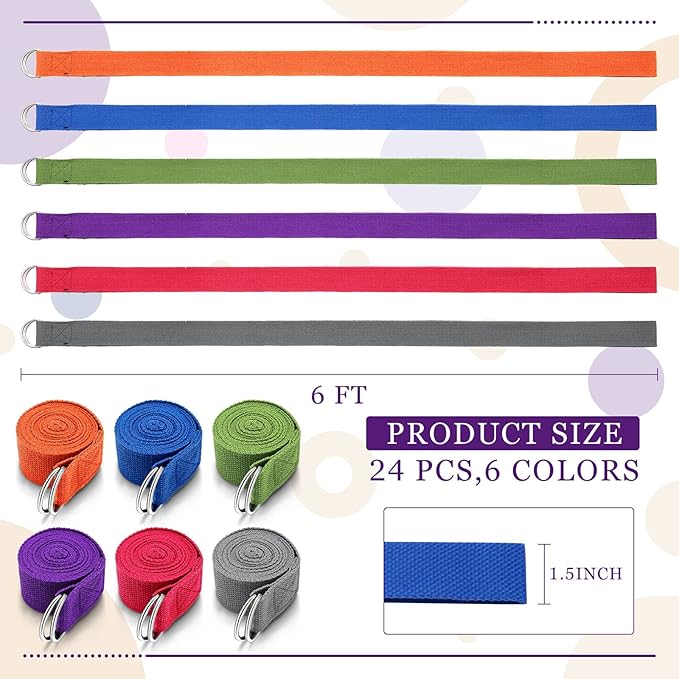 Leyndo 24 Pieces Yoga Strap Stretching Pilates Exercise Adjustable Straps 6 ft Non Elastic Yoga Belt with Adjustable D Ring Buckle for Pilates Gym Workouts Fitness-FlexoryFit