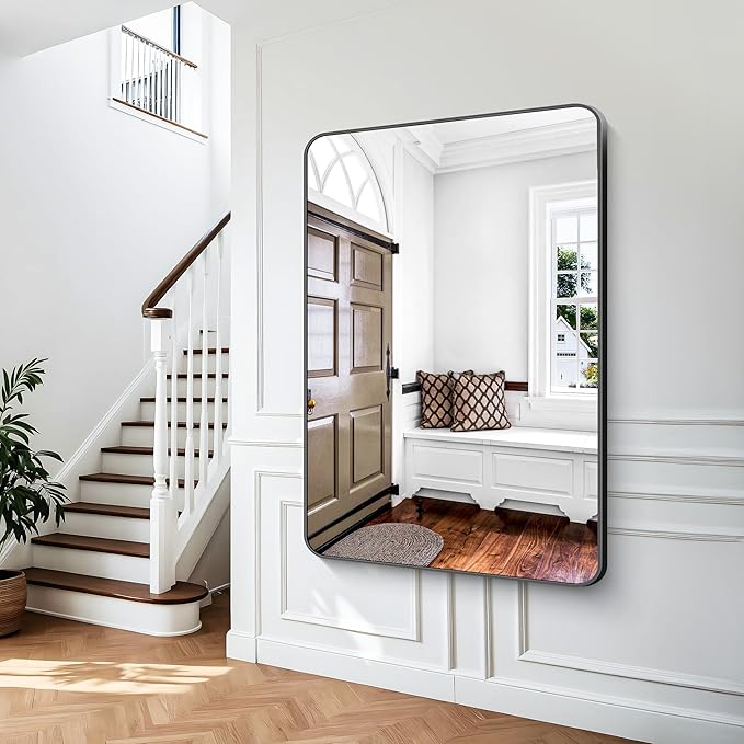 Black Bathroom Mirror,60x40 inch Wall Mirror for Bathroom Wall Mounted,Rectangle Mirror for Bathroom Over Sink,Modern Frame Round Corner for Living Room,Bedroom Entryway,Horizontal/Vertical-FlexoryFit