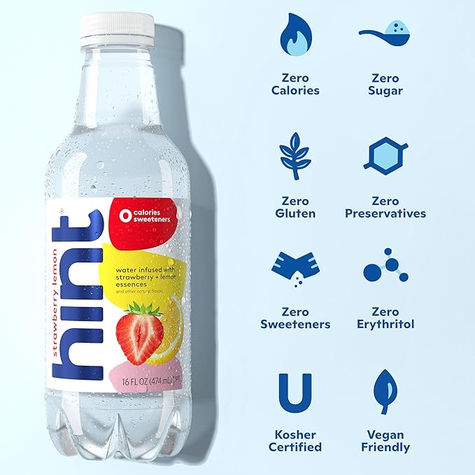 Hint Water Strawberry Lemon, Pure Water Infused with Strawberry and Lemon, Zero Sugar, Zero Calories, Zero Sweeteners, Zero Preservatives, Zero Artificial Flavors,16 Ounce Bottles, (Pack of 12)-FlexoryFit