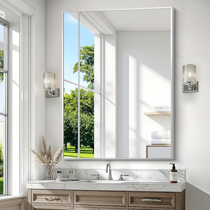Silver Bathroom Mirror,36x48 inch Wall Mirror for Bathroom Wall Mounted,Large Rectangle Mirror for Bathroom Over Sink,Modern Metal Frame for Living Room,Bedroom Entryway,Horizontal/Vertical