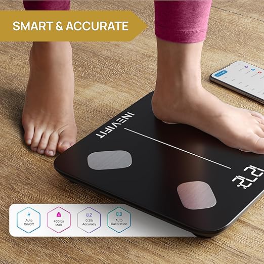 INEVIFIT Smart Body Fat Scale, Highly Accurate Bluetooth Digital Bathroom Body Composition Analyzer, Measures Weight, Body Fat, Water, Muscle, Visceral Fat & Bone Mass for Unlimited Users (Eco-Blk)-FlexoryFit