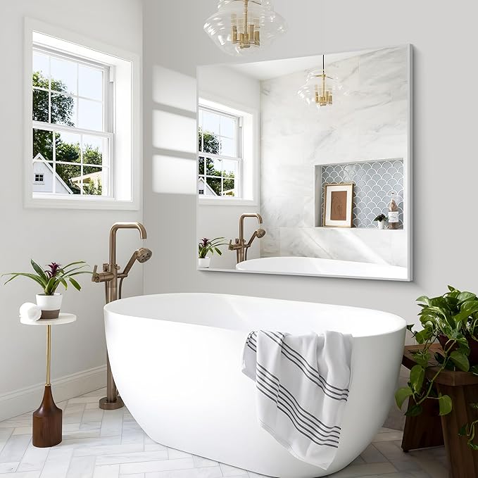 Silver Bathroom Mirror,48x48 inch Wall Mirror for Bathroom Wall Mounted,Large Rectangle Mirror for Bathroom Over Sink,Modern Metal Frame for Living Room,Bedroom Entryway,Horizontal/Vertical