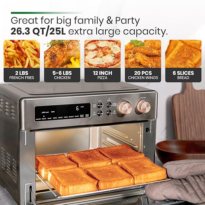 Infrared Heating Air Fryer Toaster Oven, Extra Large Countertop Convection Oven 10-in-1 Combo, 6-Slice Toast, Enamel Baking Pan Easy Clean with Recipe Book, Black Matte Stainless Steel-FlexoryFit