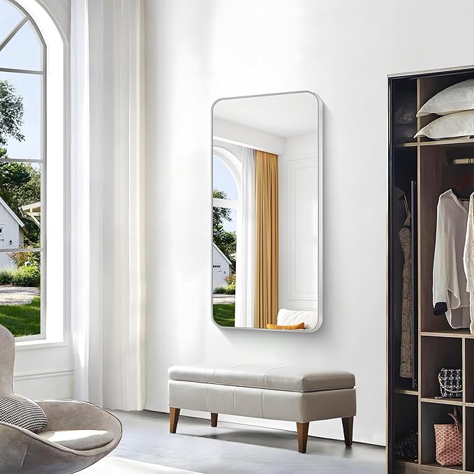 Silver Bathroom Mirror,24x48 inch Wall Mirror for Bathroom Wall Mounted,Rectangle Mirror for Bathroom Over Sink,Modern Frame Round Corner for Living Room,Bedroom Entryway,Horizontal/Vertical-FlexoryFit