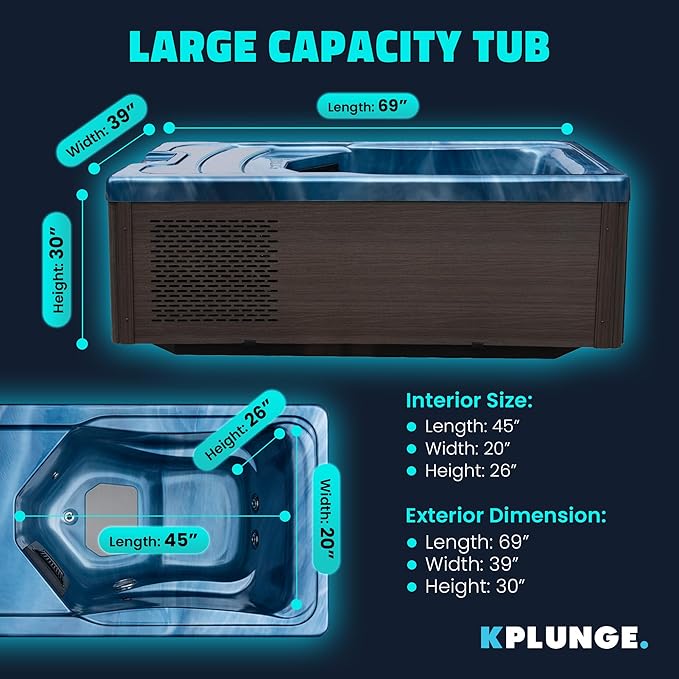 Borealis 69-in. All-in-One Cold Plunge and Hot Tub with Built-in Chiller | Acrylic Interior with 2 Jets, Bluetooth Speakers, Lights, WiFi App Control Chiller for Indoor/Outdoor Use β Blue