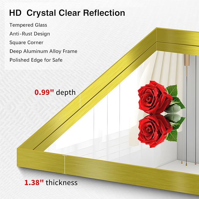Gold Bathroom Mirror, 60x40 Inch Rectangular Framed Mirror, Large Wall Mounted Bathroom Vanity Mirror Over Sink for Bedroom,Restroom, Living Room, Hangs Vertically or Horizontally-FlexoryFit