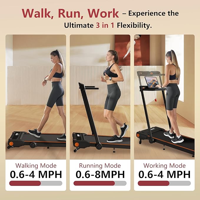 Foldable Treadmill with Incline Treadmill with Home Removable Desk Workstation 3.0 HP 3 in 1 Folding Small Compact Walking Treadmills 300 Lbs Capacity for Home Office-FlexoryFit