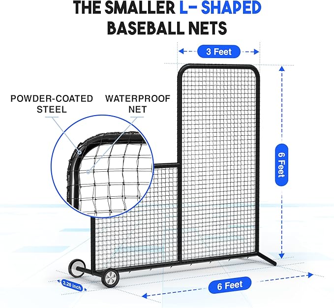 Yes4All Portable L-Screen Baseball 7x7ft with 2 Baseballs, Rubber Wheels - L Screen Baseball for Batting Cage, Protective Pitching Screen Net Double Layers, Carry Bag Included-FlexoryFit