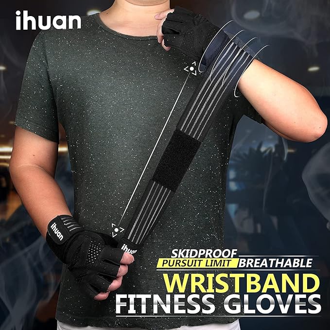 ihuan Ventilated Weight Lifting Gym Workout Gloves with Wrist Wrap Support for Men & Women, Full Palm Protection, for Weightlifting, Training, Fitness, Hanging, Pull ups-FlexoryFit