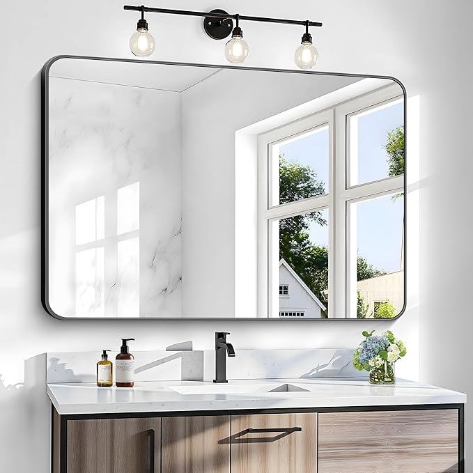 36x48 inch Bathroom Mirror,Black Rectangle Mirror,Wall Mounted Bathroom Frame Vanity Mirror with Round Corner for Bedroom Living Room, Entryway Hangs Horizontal or Vertical-FlexoryFit