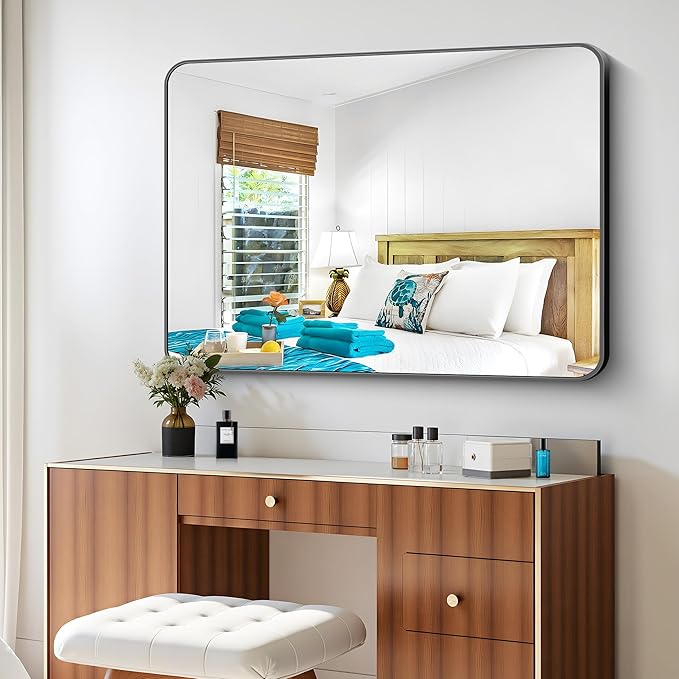 36x48 inch Bathroom Mirror,Black Rectangle Mirror,Wall Mounted Bathroom Frame Vanity Mirror with Round Corner for Bedroom Living Room, Entryway Hangs Horizontal or Vertical-FlexoryFit