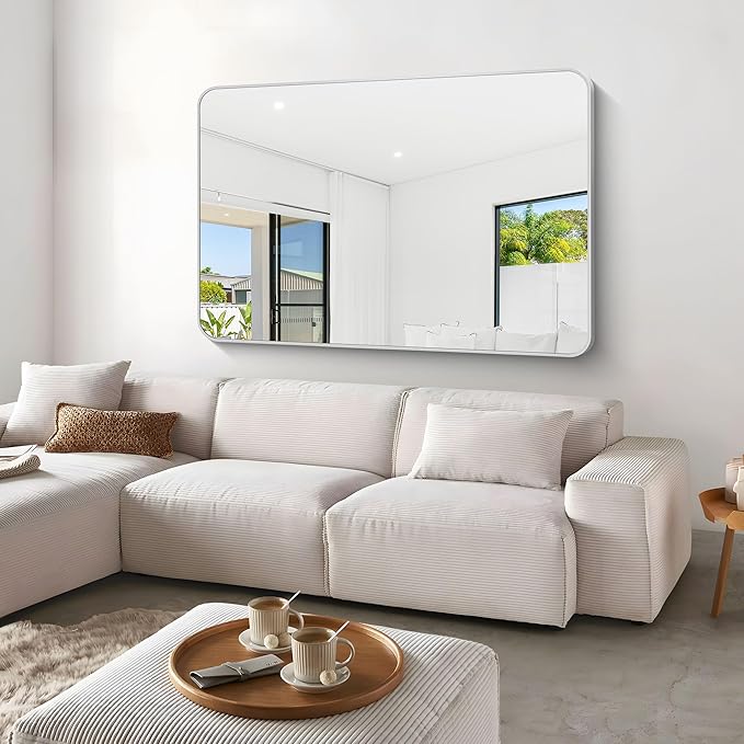 Silver Bathroom Mirror,60x40 inch Wall Mirror for Bathroom Wall Mounted,Rectangle Mirror for Bathroom Over Sink,Modern Frame Round Corner for Living Room,Bedroom Entryway,Horizontal/Vertical