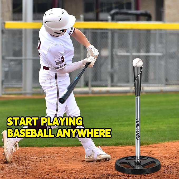 Portable Batting Tee for Baseball/Softball - Adjustable Height 24" to 46", 25" to 37", Baseball Practice Training Hand-Rolled Flexible Rubber Top & Heavy Duty Base for T-Ball, Youth & Adults