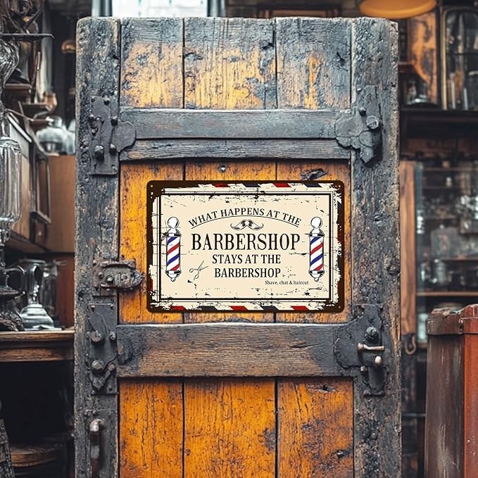 Barber Shop Decor Accessories - Vintage Barbershop Metal Tin Signs Haircut Wall Art Posters Gifts for Men Decorations - What Happens At The Barbershop Stays At The Barbershop Sign 8x12 Inch-FlexoryFit