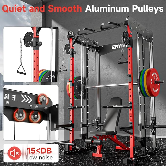 Smith Machine Power Rack | All-in-One Power Cage with Adjustable J-Hooks, Squat Rack for Home Gym, Cable Machine & Pull-Up Bar | Home and Garage Gym Equipment for Strength Training-FlexoryFit