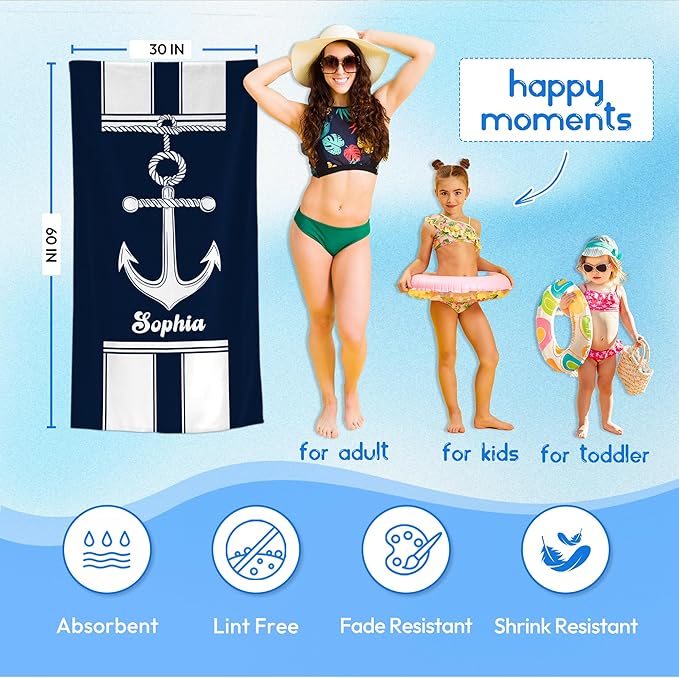 JML Personalized Beach Towel with Name, Custom Anchor Beach Towel, Customized Microfiber Pool Towel, Quick Dry & Absorbent Swim Towel for Adult,Anniversary, Birthday, Summer Holiday,Vacation-FlexoryFit