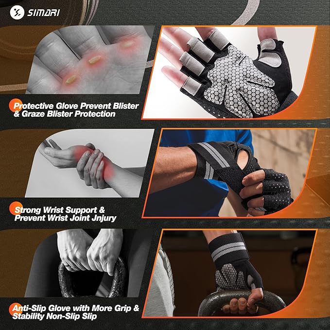 SIMARI Breathable Workout Gloves for Men Women, Padded Weight Lifting Gloves with Wrist Wraps Support, Full Palm Protection, Grip for Gym Training, Fitness, Weightlifting, Exercise Fingerless Black-FlexoryFit