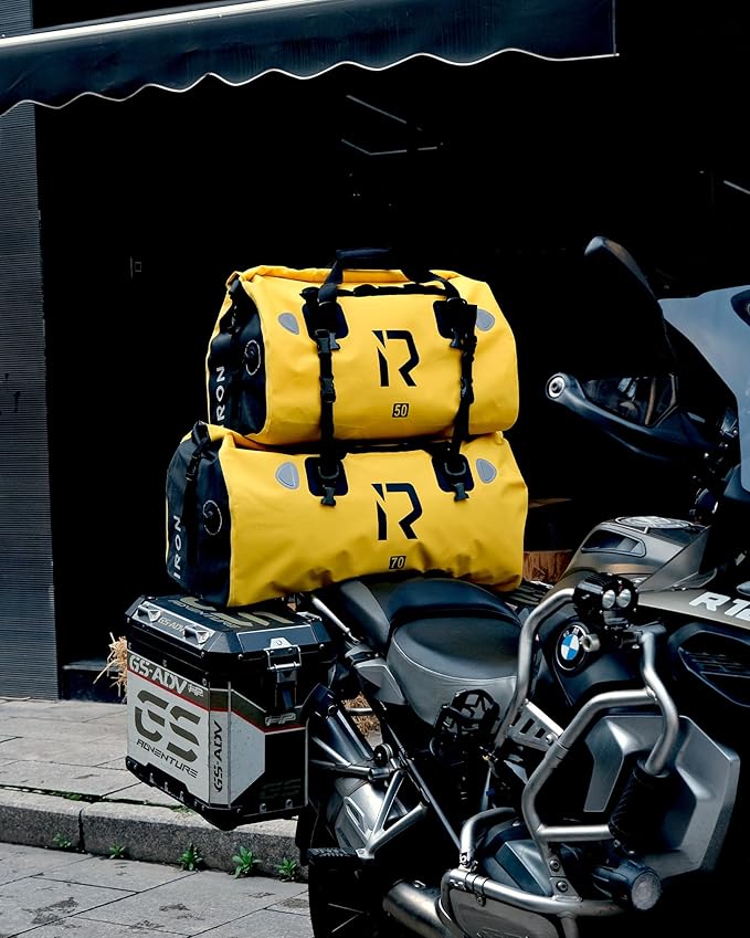 BORLENI Waterproof Motorcycle Dry Duffel Bag Luggage Tail Bag with Large Storage Space,Roll Top Closure, Shoulder Straps, Inner Pocket and Mesh Pocket for Motorcycling Travel Camping(Yellow,30L)