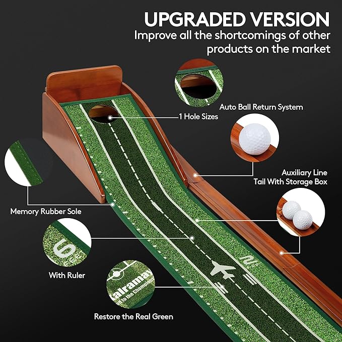 Putting Green Indoor Golf Putting Mat – Easy to Assemble with Automatic Ball Return, Wrinkle-Free Close to Real Green Speed, Suitable for Office, Recreation Room, Patio – Ideal Gift