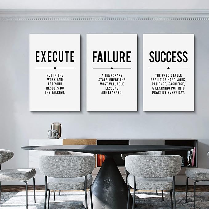 Framed Canvas Wall Art Success Quote, Office Wall Art, Black Large Poster, Positive Motivational Set of 3 Prints, Execute Failure Definition, Inspirational Print (D-3pcs,20x30inchx3pcs)-FlexoryFit