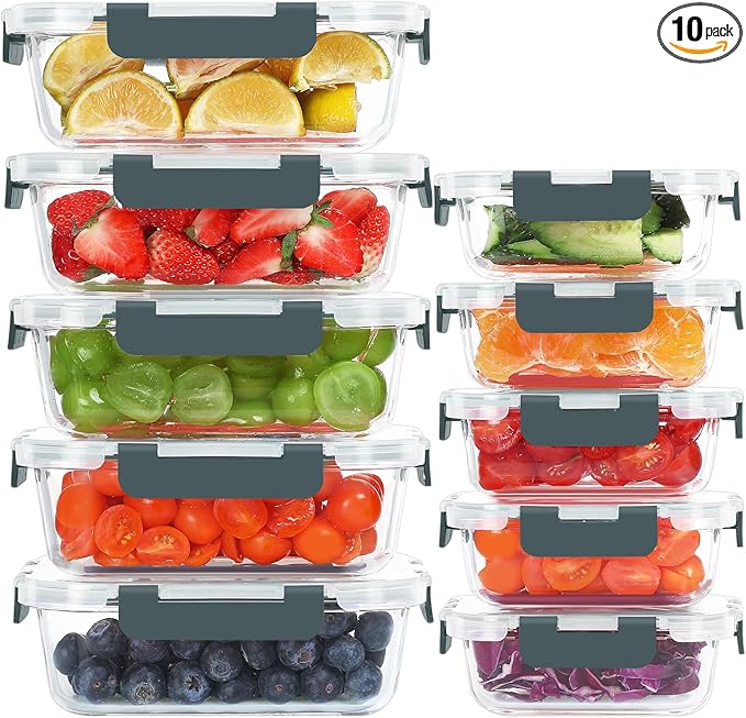 10 Pack Glass Food Storage Containers, Meal Prep Containers with Lids, Airtight Glass Lunch Boxes, Freezer, Oven, and Microwave Safe-FlexoryFit