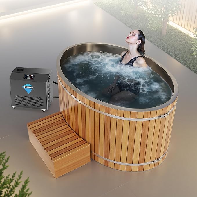 Premium 62-in. Cedar Wood Cold Plunge and Hot Tub with 1HP Chiller and Heater | Stainless Steel Tub with Wooden Step, Foldable Cover, Headrest, and WiFi App Control Chiller for Indoor/Outdoor Use