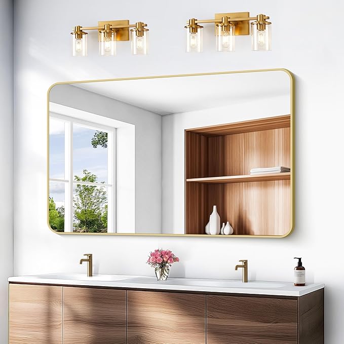 Gold Bathroom Mirror,55x36 inch Wall Mirror for Bathroom Wall Mounted,Round Rectangle Mirror for Bathroom Over Sink,Modern Frame for Home Decor Living Room,Bedroom Entryway,Horizontal/Vertical-FlexoryFit