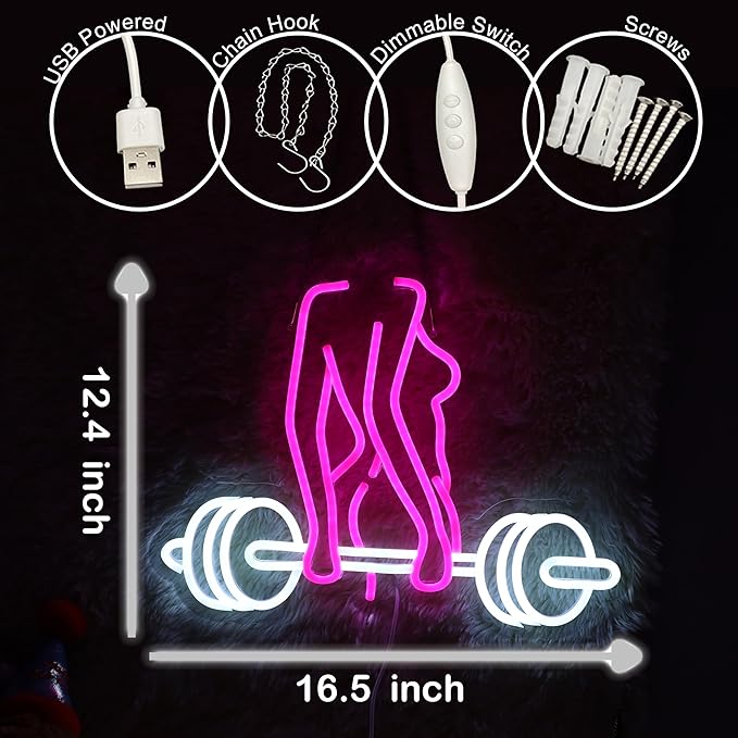 Neon Woman Barbell Neon Sign Dumbbell Lady Neon Light Barbell Light Sign Dimmable Weightlifting LED Neon Light for Home Gym Decor Bar Pub Lifting Wall Room Decor Man Cave Game Room 16.5"×12.4"