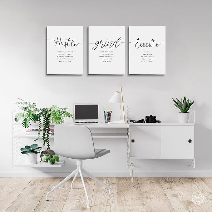 Framed Canvas Wall Art Grind Hustle Quote Poster, Office Wall Art, Positive Motivational Set of 3 Prints, Hustle prints Execute, Inspirational Wall Decor Art (H-3pcs,12x16inchx3pcs)-FlexoryFit
