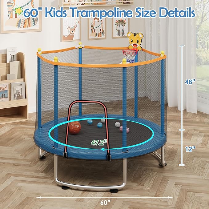 Kids Trampoline with Safety Net – 440lbs Capacity, Upgraded Rust-Proof Ring Legs, Adjustable Gymnastics Bar & Toys – Indoor Outdoor Toddler Trampoline for Boys & Girls Ages 1-8-FlexoryFit