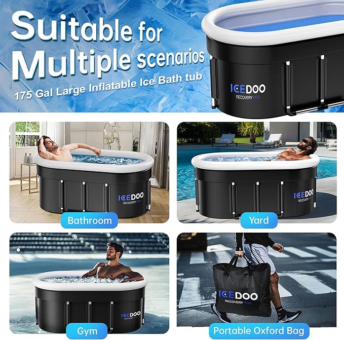 Upgraded 175 Gal XXL Large Oval Ice Bath with Air Ring, Multi-Layered Portable Cold Plunge Tub for Athletes, Foldable & Inflatable Cold Tub Recovery at Home, Outdoors,Gym Use Bathtubs.