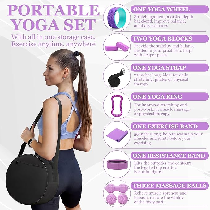 Yoga Wheel Set, Wheel Foam Roller with Back Cracker Roller for Pain Relief & Deep Tissue Massage and Stretching 500lbs Capacity, Trigger Point Therapy Massage Ball, Yoga Blocks 2 Pack with Strap-FlexoryFit
