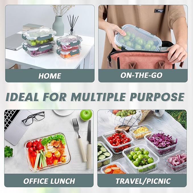 10 Packs Glass Meal Prep Containers with Lids, Glass Food Storage Containers Set, Airtight Lunch Containers, Microwave, Oven, Freezer and Dishwasher Safe, Gray-FlexoryFit