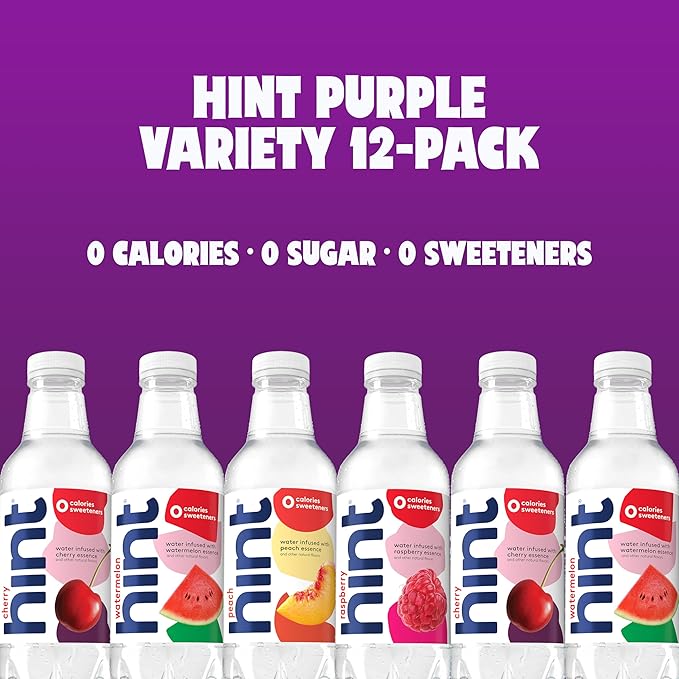 Hint Water Purple Variety Pack (Pack of 12), 16 Ounce Bottles, 3 Bottles Each of: Raspberry, Watermelon, Cherry, and Peach, Zero Calories, Zero Sugar and Zero Sweeteners-FlexoryFit