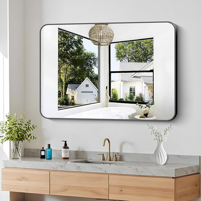 36x48 inch Bathroom Mirror,Black Rectangle Mirror,Wall Mounted Bathroom Frame Vanity Mirror with Round Corner for Bedroom Living Room, Entryway Hangs Horizontal or Vertical-FlexoryFit