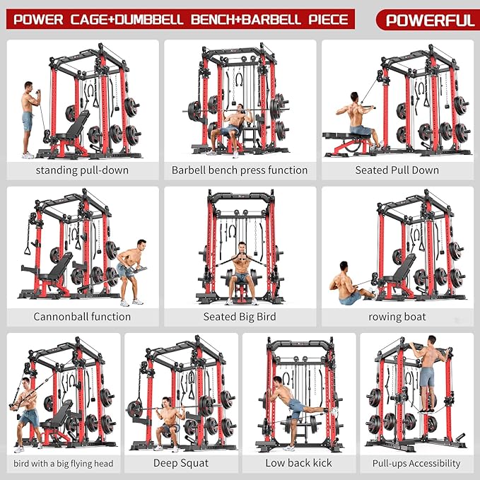 Power Cage,1600lbs Multi-Function Power Rack with Adjustable Cable Crossover System and More Training Attachment, Weight Cage for Home Gym-FlexoryFit