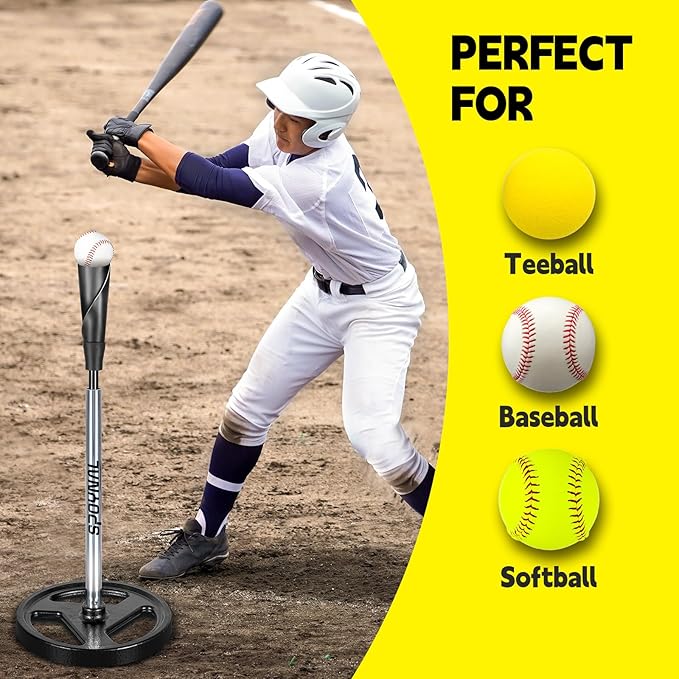 Portable Batting Tee for Baseball/Softball - Adjustable Height 24" to 46", 25" to 37", Baseball Practice Training Hand-Rolled Flexible Rubber Top & Heavy Duty Base for T-Ball, Youth & Adults