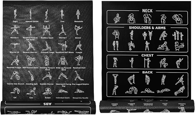 Instructional Travel Yoga Mat with 75 Poses & Exercises - Non-slip Exercise Mat for Home Workout, Includes Carrying Bag - Perfect for Beginners, 68"x24"x0.25"-FlexoryFit