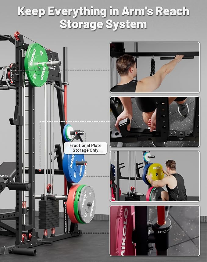 Mikolo Smith Machine, 2200lbs Squat Rack with LAT-Pull Down System & Cable Crossover Machine, Training Equipment with Leg Hold-Down Attachment-FlexoryFit