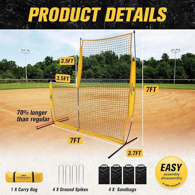 PodiuMax Baseball Softball Pitching Screen, 7x7FT Pitcher Protection Net with Upgrade Frame, Baseball Batting Pitching Net for Backyard Field Outdoor, Line Drive Protective L-Screen with Carry Bag