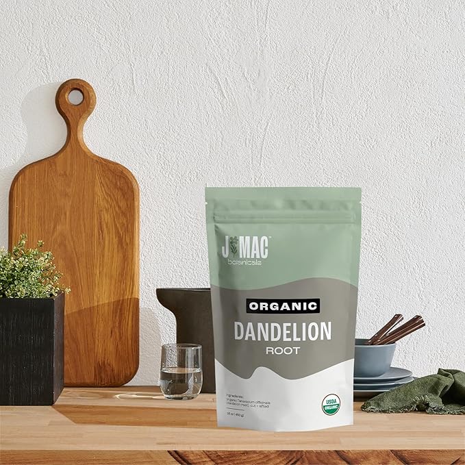 J Mac Botanicals Organic Dandelion Root (16 oz) unroasted, herb for tea and other infusions, Packaged in the USA, Certified USDA Organic-FlexoryFit