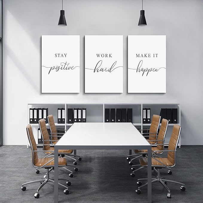 Framed Canvas Wall Art Work Quote, Office Wall Art Decor, Stay positive work hard make it happen, gift for father, boss gift, Inspirational Prints, Motivaional Wall Art (G-3pcs,16x24inchx3pcs)-FlexoryFit